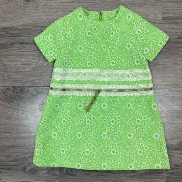 Vintage Handmade Girls 3T Green Floral Lace Shift Dress Short Sleeve Retro 70s - Picture 1 of 14